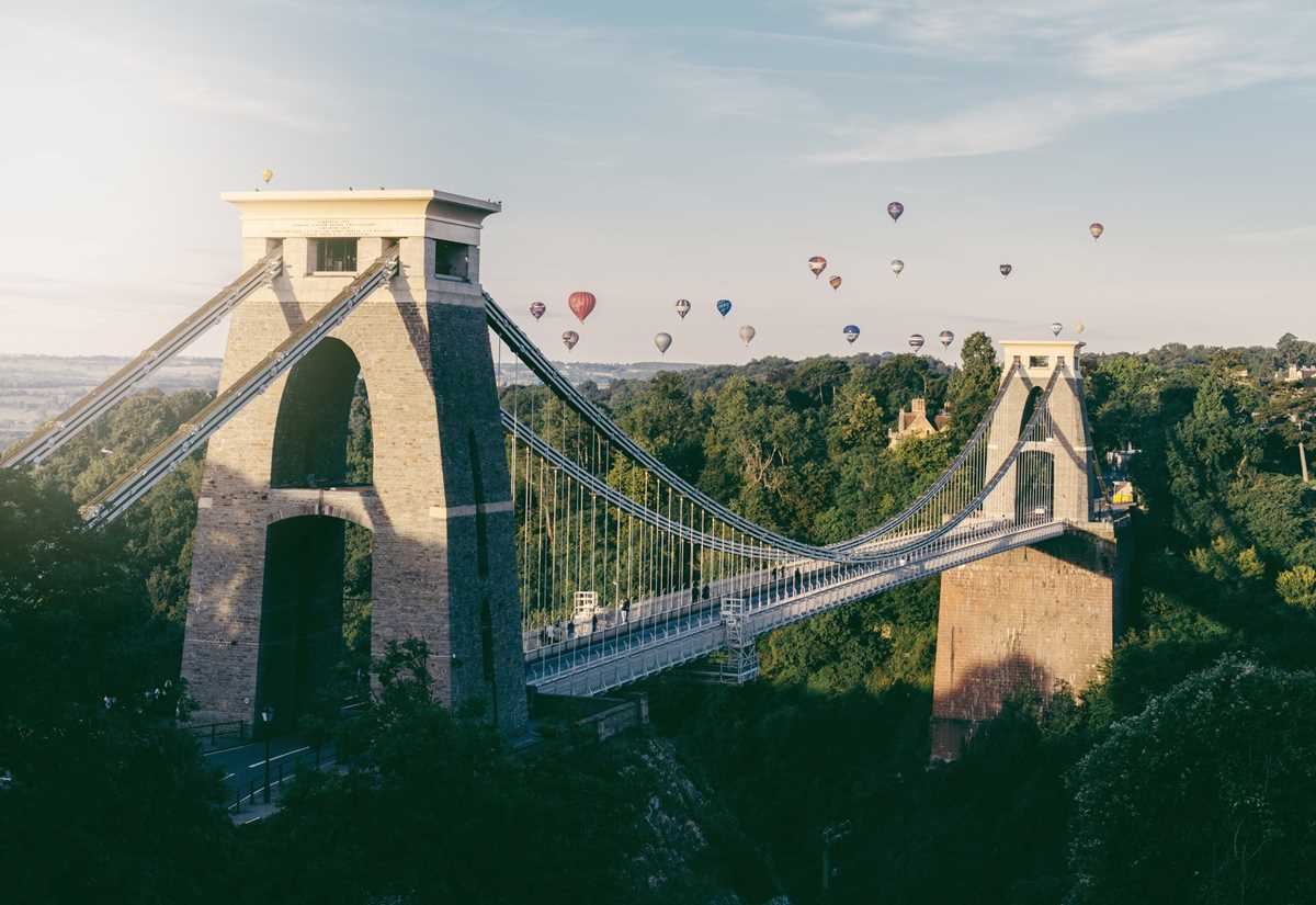 Hot air balloons over the Clifton Suspension Bridge in Bristol